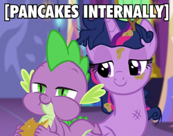 Size: 635x500 | Tagged: safe, derpibooru import, screencap, spike, twilight sparkle, twilight sparkle (alicorn), alicorn, dragon, pony, female, i'm pancake, image macro, lidded eyes, mare, meme, pancakes, tonight you, x internally