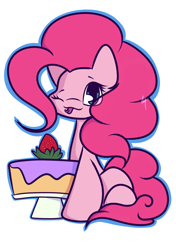 Size: 1200x1700 | Tagged: safe, artist:hedgehog-plant, pinkie pie, earth pony, pony, cake, food, one eye closed, simple background, solo, strawberry, tongue out, white background