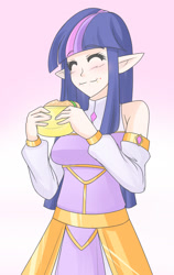 Size: 1280x2024 | Tagged: safe, artist:jonfawkes, derpibooru import, twilight sparkle, human, burger, elf ears, eyes closed, female, food, hamburger, humanized, solo, twilight burgkle