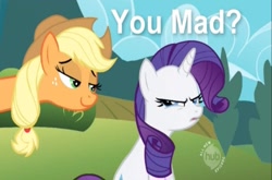 Size: 795x524 | Tagged: safe, artist:paris7500, edit, edited screencap, screencap, applejack, rarity, earth pony, pony, unicorn, annoyed, appletroll, caption, hat, hub logo, image macro, meme, smugjack, text, tree