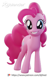 Size: 1524x2160 | Tagged: safe, artist:therealdjthed, pinkie pie, earth pony, pony, 3d, 3d model, blender, cycles, cycles render, female, mare, model:djthed, patreon, patreon logo, simple background, smiling, solo, transparent background