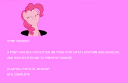 Size: 1600x1041 | Tagged: safe, pinkie pie, earth pony, pony, blue screen of death, breaking the fourth wall, error message, fourth wall, pink background, pink screen of death, simple background, solo