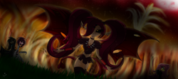 Size: 3800x1700 | Tagged: dead source, safe, artist:the4thhomunculus, fluttershy, oc, oc:esbern, oc:piper, oc:scarlett, succubus, equestria girls, blood moon, clothes, equestria girls-ified, female, fire, moon, omen, sad, sword, weapon