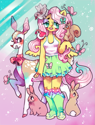 Size: 625x817 | Tagged: safe, artist:njeekyo, fluttershy, bird, deer, rabbit, squirrel, equestria girls, ponied up