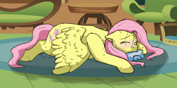 Size: 1000x500 | Tagged: safe, artist:akkyz, fluttershy, pegasus, pony, eyes closed, floppy ears, preggoshy, pregnant, prone, sensibly-proportioned pregnancy, solo, spread wings, sweat, wings, wings down