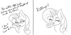 Size: 2000x1000 | Tagged: safe, artist:melliedraws, rarity, pony, unicorn, comic, dialogue, monochrome, solo