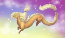 Size: 2900x1700 | Tagged: safe, artist:alina-sherl, applejack, dragon, beautiful, cloud, dragonified, flying, freckles, long mane, long tail, smiling, solo, species swap