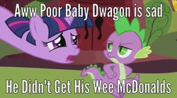 Size: 960x535 | Tagged: safe, derpibooru import, edit, edited screencap, screencap, spike, twilight sparkle, dragon, friendship is magic, image macro, long neck, mcdonald's, meme, mocking, quizzaciously