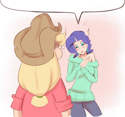 Size: 500x470 | Tagged: safe, artist:sundown, applejack, rarity, human, blushing, exploitable, eyes closed, female, heart, horned humanization, humanized, jacqueline applebuck, juliette d'rarie, lesbian, rarijack, shipping, simple background, smiling, speech bubble