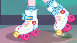 Size: 1024x576 | Tagged: safe, pinkie pie, eqg summertime shorts, equestria girls, bow, discovery family logo, feet, female, roller skates, solo