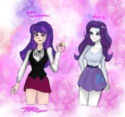 Size: 1055x987 | Tagged: safe, artist:_denart, rarity, human, equestria girls, abstract background, clothes, cutie mark, cutie mark on clothes, dc superhero girls, duo, female, human coloration, signature, skirt, smiling, zatanna, zee zatara