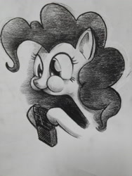 Size: 3120x4160 | Tagged: safe, artist:jchu9151, pinkie pie, earth pony, pony, chocolate, eating, food, grayscale, monochrome, ponk, solo, traditional art