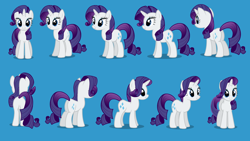 Size: 1280x720 | Tagged: safe, rarity, pony, unicorn, 3/4 view, blue background, butt, female, front view, horn, journey of the spark, looking at you, mare, multeity, palindrome get, plot, pose, rear view, reference sheet, shadow, show accurate, side view, simple background, smiling, solo, turnaround