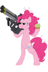 Size: 3000x4500 | Tagged: safe, artist:yognaughtsteve, pinkie pie, earth pony, pony, semi-anthro, angry, bipedal, cupcake, female, food, frown, glare, halo (series), high res, hoof hold, mare, messy mane, puffy cheeks, rocket launcher, simple background, solo, transparent background, weapon, xk-class end-of-the-world scenario