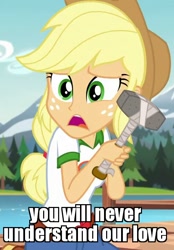 Size: 500x720 | Tagged: safe, edit, edited screencap, screencap, applejack, equestria girls, legend of everfree, caption, cargo ship, cropped, hammer, hammerjack, image macro, meme, river, shipping, solo, tree, you will never x