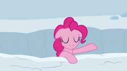 Size: 1280x720 | Tagged: safe, screencap, pinkie pie, pony, not asking for trouble, eyes closed, smiling, snow, solo