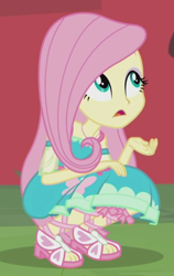 Size: 595x944 | Tagged: safe, screencap, fluttershy, better together, equestria girls, fluttershy's butterflies, fluttershy's butterflies: applejack, feet, sandals, solo, squatting