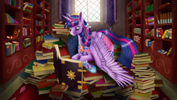 Size: 1600x900 | Tagged: safe, artist:szafir87, derpibooru import, twilight sparkle, twilight sparkle (alicorn), alicorn, pony, book, female, library, mare, reading, solo