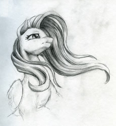 Size: 920x1000 | Tagged: safe, artist:cosmickelpie, fluttershy, pegasus, pony, bust, female, grayscale, mare, monochrome, pencil drawing, sketch, solo, traditional art