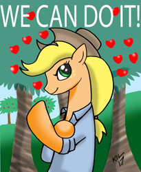 Size: 1024x1250 | Tagged: safe, artist:koku-chan, applejack, earth pony, pony, apple tree, parody, poster, rolled up sleeves, rosie the riveter, signature, solo, tree, we can do it!