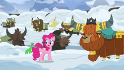 Size: 1280x720 | Tagged: safe, screencap, gummy, pinkie pie, prince rutherford, alligator, earth pony, pony, yak, not asking for trouble, biting, crown, ear piercing, earring, female, horn ring, jewelry, male, mare, nose piercing, nose ring, piercing, regalia, snow, tail bite