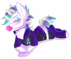 Size: 2819x2373 | Tagged: safe, artist:h0rsefeathers, rarity, pony, unicorn, alternate hairstyle, bubblegum, chest fluff, clothes, ear piercing, earring, eyeshadow, female, food, gum, jacket, jewelry, makeup, mare, pants, piercing, punk, raripunk, solo
