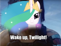 Size: 800x600 | Tagged: safe, princess celestia, alicorn, pony, cyberpunk 2077, keanu reeves, meme, wake the fuck up, wake up