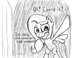 Size: 1024x768 | Tagged: safe, fluttershy, pegasus, pony, creeping, dark, dialogue, face, grayscale, lineart, monochrome, solo