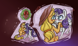 Size: 2932x1750 | Tagged: safe, artist:cometakat, applejack, rarity, earth pony, pony, unicorn, female, holly, holly mistaken for mistletoe, lesbian, rarijack, shipping