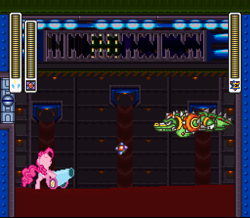 Size: 512x446 | Tagged: safe, artist:mega-poneo, pinkie pie, earth pony, pony, crossover, desktop ponies, fight, magnet mine, megaman x, megaman x2, mockup, party cannon, pixel art, sprite, video game, wheel gator