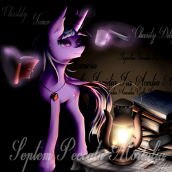 Size: 4000x4000 | Tagged: safe, artist:changpon, derpibooru import, twilight sparkle, twilight sparkle (alicorn), alicorn, pony, book, female, lantern, magic, mare, necklace, solo, telekinesis