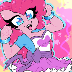 Size: 1000x1000 | Tagged: safe, artist:fazzfuck, pinkie pie, anthro, earth pony, breasts, clothes, earth, equestria girls outfit, eyelashes, eyeliner, female, makeup, mare, pinkie pies, smiling, solo