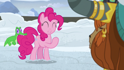 Size: 1280x720 | Tagged: safe, screencap, gummy, pinkie pie, prince rutherford, pony, yak, not asking for trouble, biting, eyes closed, smiling, snow, tail bite