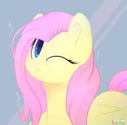 Size: 944x930 | Tagged: safe, artist:kebchach, fluttershy, pegasus, pony, bust, cute, female, looking at you, mare, one eye closed, portrait, shyabetes, smiling, solo, weapons-grade cute, wings, wink