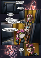 Size: 1060x1500 | Tagged: safe, artist:jamescorck, rarity, sweetie belle, pony, unicorn, adepta sororitas, armor, clothes, comic, crossover, dialogue, door, doorway, dumb fabric, female, filly, mare, power armor, scar, story included, uniform, warhammer (game), warhammer 40k