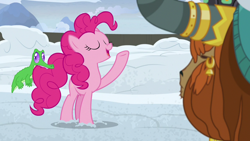 Size: 1280x720 | Tagged: safe, screencap, gummy, pinkie pie, prince rutherford, pony, yak, not asking for trouble, biting, eyes closed, snow, tail bite