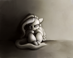 Size: 2500x2000 | Tagged: safe, artist:miokomata, fluttershy, pegasus, pony, against wall, curled up, glare, grayscale, looking at you, monochrome, sitting, slouching, solo, stare, the stare