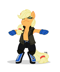 Size: 584x694 | Tagged: safe, artist:nemovonsilver, applejack, earth pony, pony, aj styles, armpits, badass, bipedal, clothes, hoof glove, jacket, pants, pun, simple background, smugjack, solo, white background, wrestler, wwe