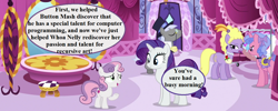 Size: 1280x512 | Tagged: safe, edit, edited screencap, screencap, caesar, lyrica lilac, rarity, royal ribbon, sweetie belle, pony, unicorn, the cart before the ponies, carousel boutique, clothes, count caesar, cropped, dialogue, dress, hat, implied button mash, implied whoa nelly, monocle, saddle, speech bubble, tack, top hat