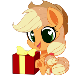 Size: 1000x1000 | Tagged: safe, artist:faryawolf, artist:hikariviny, applejack, earth pony, pony, chibi, cowboy hat, cute, hat, heart eyes, jackabetes, open mouth, present, simple background, sitting, smiling, solo, stetson, transparent background, underhoof, wingding eyes