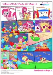 Size: 2480x3508 | Tagged: safe, artist:rupertbluefox, apple bloom, pinkie pie, scootaloo, sweetie belle, earth pony, pony, series:30 dayz of pinks, balloon, balloon sitting, bouncing, bouncy castle, comic, cute, cutie mark crusaders, female, filly, happy, high res, hug, laughing, mare, nose in the air, playing, prone, squeak, squished, tongue out, upside down