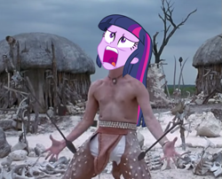 Size: 695x562 | Tagged: safe, derpibooru import, edit, edited screencap, screencap, twilight sparkle, equestria girls, ace ventura, exploitable meme, image macro, jim carrey, meme, parody, screaming, solo, spear, twiscream