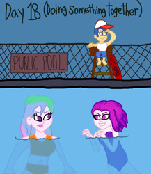 Size: 1600x1844 | Tagged: safe, artist:ktd1993, flash sentry, princess celestia, principal celestia, queen novo, equestria girls, equestria girls-ified, female, lesbian, novolestia, shipping, swimming pool