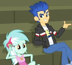 Size: 785x714 | Tagged: safe, screencap, flash sentry, lyra heartstrings, equestria girls, friendship games, sitting, smiling