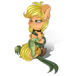 Size: 2048x2048 | Tagged: safe, artist:colorbrush, applejack, earth pony, pony, bell, bell collar, blushing, clothes, collar, frown, heart eyes, ribbon, simple background, socks, solo, transparent background, wingding eyes