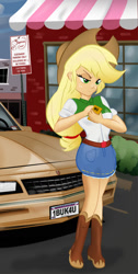 Size: 749x1484 | Tagged: safe, artist:ltrm35a2, applejack, equestria girls, boots, car, cellphone, chevrolet, chevrolet monte carlo, clothes, cowboy hat, denim skirt, hat, phone, shop, skirt, solo, stetson