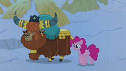 Size: 1280x720 | Tagged: safe, screencap, pinkie pie, prince rutherford, pony, yak, not asking for trouble, cloven hooves, female, snow