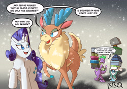 Size: 5016x3541 | Tagged: safe, artist:gryphon bbq, artist:wirlog, rarity, spike, velvet reindeer, deer, dragon, elf, pony, reindeer, unicorn, winter sprite, them's fightin' herds, bad pun, community related, crossover, dialogue, female, male, mare, pun, snow, snowfall, speech bubble, square crossover, winged spike