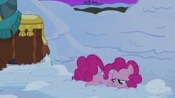 Size: 1280x720 | Tagged: safe, screencap, pinkie pie, prince rutherford, pony, yak, not asking for trouble, prone, sad, snow