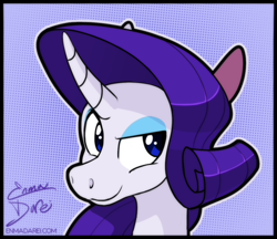 Size: 900x777 | Tagged: safe, artist:enma-darei, rarity, pony, unicorn, bust, curved horn, female, horn, lidded eyes, mare, portrait, smiling, solo